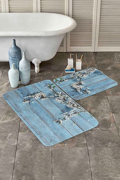 Realhomes White Floral Blue Wooden Patterned 2-Piece Non-Slip Base Washable Bath Mat Set