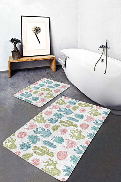 Realhomes Cactus Patterned Blue-Green Colored 2-Piece Non-Slip Base Washable Bath Mat Set