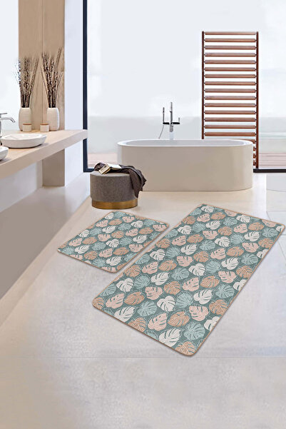Realhomes Orange White Tropical Leaf Patterned 2-Piece Non-Slip Base Washable Bath Mat Set
