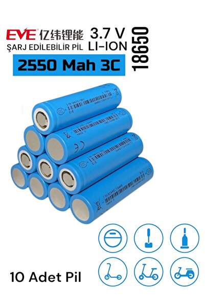 Micron EVE 18650 3.7V (Volt) 2550 MaH 26V Lityum Şarj edilebilir 10 Adet Pil(...
