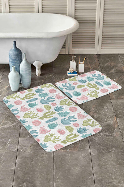 Realhomes Cactus Patterned Blue-Green Colored 2-Piece Non-Slip Base Washable Bath Mat Set