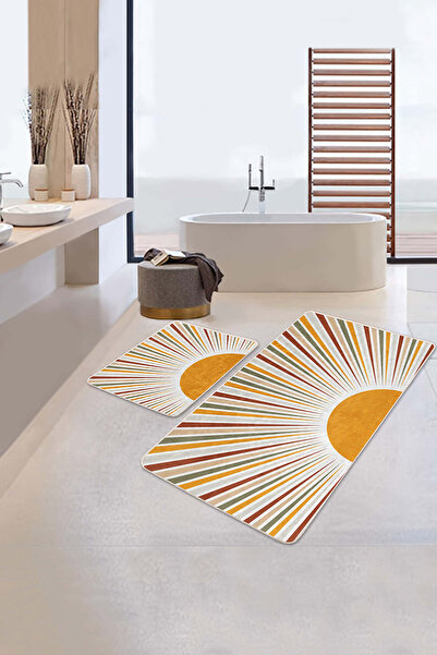 Realhomes Mustard White Sun Pattern Retro 2-Piece Non-Slip Base Washable Bath Mat Set