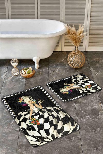 Realhomes Black and White Checkered Floral Woman Figured Non-Slip Base Washable 2-Piece Bath Mat Set