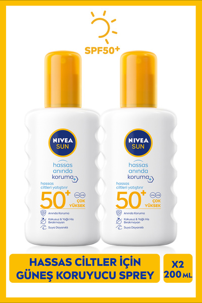 NIVEA SUN SPF50 Hassas Ciltler İçin Yüksek Güneş Koruyucu Sprey 200ml ,Yatıştırıcı, Anında Koruma, X2 Adet