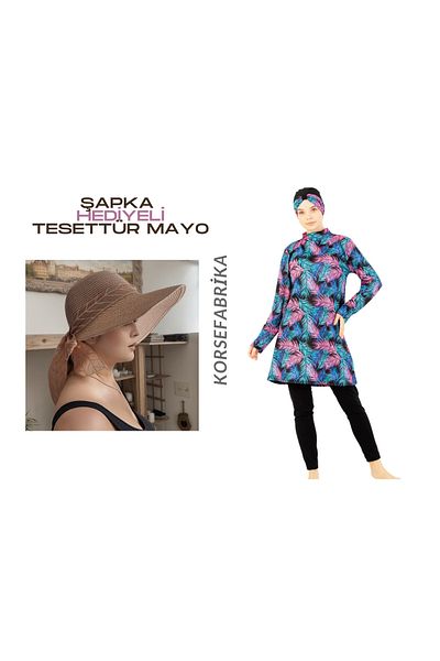 korsefabrika trend mood store Wide-Fitted Patterned Long Tunic Bra with Hat Gift Water-Repellent Quick Drying Stylish Tightness Swimsuit