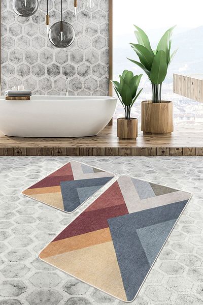 Realhomes Set of 2 Geometric Motif Knitted Patterned Geometric Classic 2-Piece Bathroom & Kitchen Mat Set