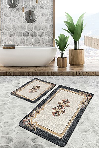 Realhomes كريم - طقم سجادة حمام مكون من قطعتين بتصميم أفانغارد العرقي مع زخار...