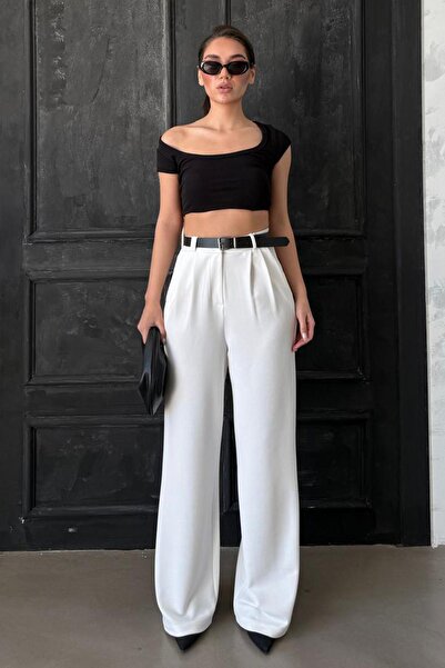 Madmext Білі брюки в складку з подвійним поясом Mg2330