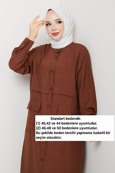 Pamuk Butik Women's Pocket Robe Button Closure Wear and Go Cap Light Brown