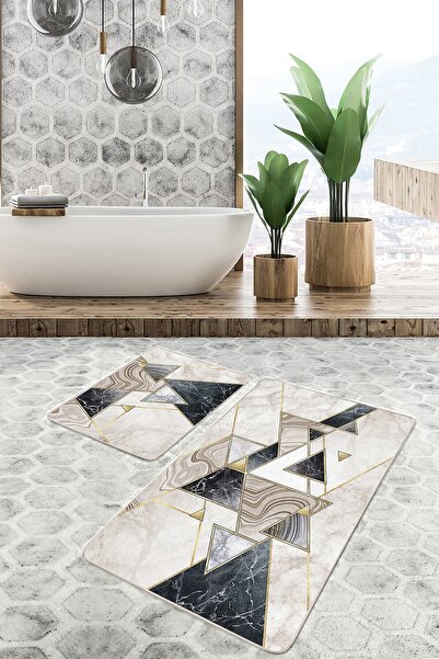 Realhomes طقم سجادة للحمام والمطبخ مكون من قطعتين بتصميم هندسي كلاسيكي بنمط ر...