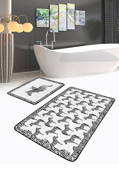 Realhomes طقم سجاد حمام مكون من قطعتين بنمط الحمار الوحشي باللونين الأبيض وال...