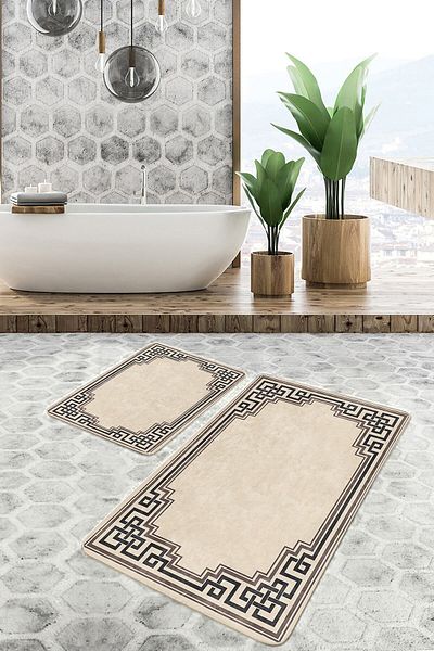 Realhomes Cream - Classic Geometric Vintage 2-Piece Bathroom Kitchen Mat Set with Framed Motifs on Brown Floor