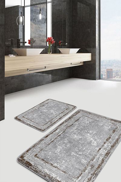 Realhomes Classic 2-Piece Bathroom & Kitchen Mat Set with Antique Motif and Antique Motif on Gray - Brown Floor