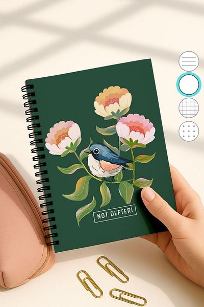 Eldesen Tasarım A5 Spiral Bound Unlined School Notebook, 50 Sheets 100 Pages, Cardboard Cover Notepad, Green Bird