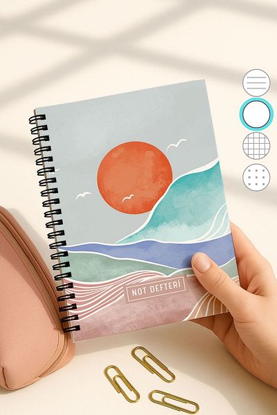 Eldesen Tasarım A5 Spiral Unlined School Notebook, 50 Sheets 100 Pages, Cardboard Cover Notepad, Blue Boholo