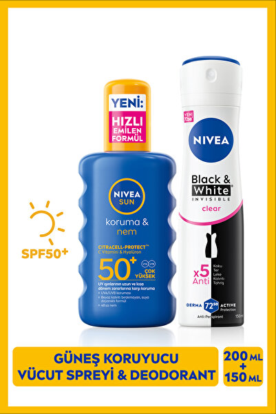 NIVEA SUN SPF50 Güneş Koruyucu Vücut Spreyi 200ml ve Sprey Deodorant Black&Wh...