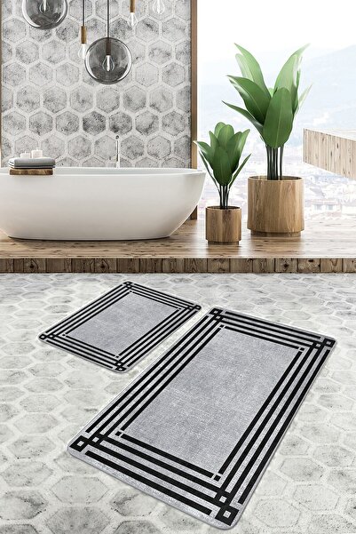 Realhomes Μαύρο - Γκρι υφαντό χαλί γεωμετρικό κλασικό σετ 2 πατάκι μπάνιου κα...