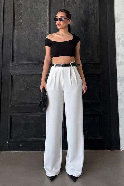 Madmext White Double Pleated Belted Trousers Mg2330