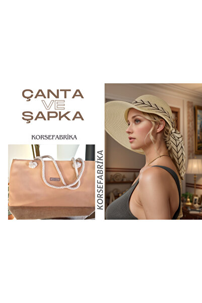 korsefabrika trend mood store KADIN PLAJ SETİ HASIR ŞAPKA + BÜYÜK PLAJ ÇANTAS...