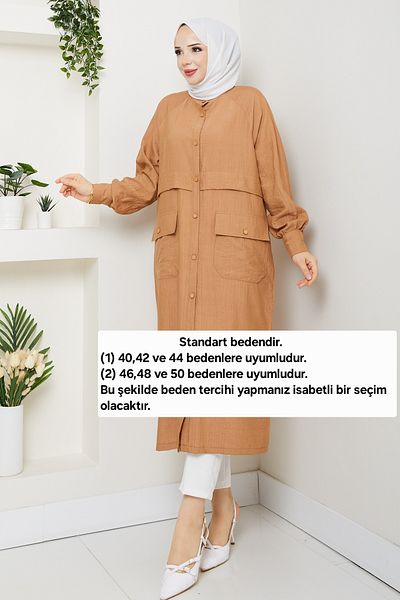 Pamuk Butik Women's Pocket Robe Button Closure Wear Out Camel