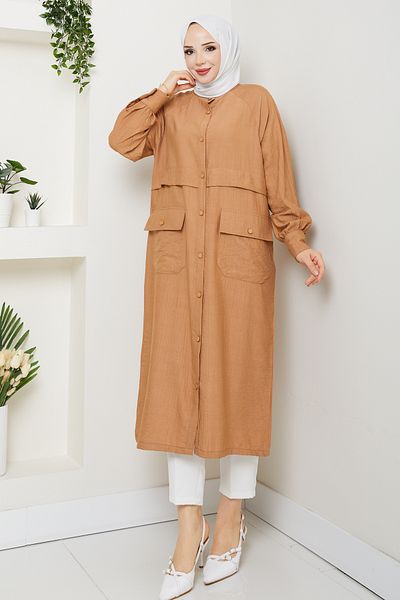 Pamuk Butik Women's Pocket Robe Button Closure Wear Out Camel