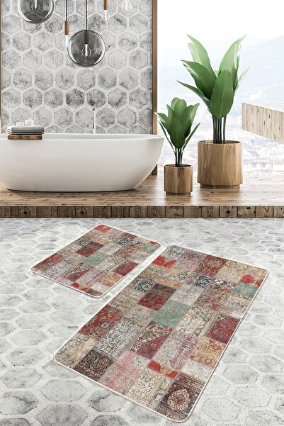 Realhomes Vintage 2-Piece Bathroom & Kitchen Mat Set with Patchwork Motif on ...