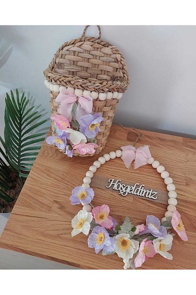 lolipophobi Poppy Themed Wooden Beaded Door Ornament and Basket, Decor, Wreath, Gift, Artificial Flower, Poppy