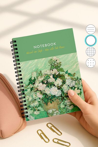 Eldesen Tasarım Van Gogh A5 Spiral Unlined School Notebook, 50 Sheets 100 Pages, Cardboard Cover Notepad, Vase