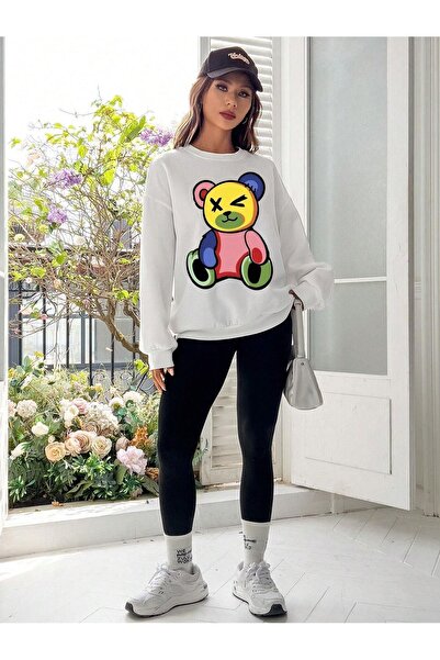DUBU BUTİK Πολύχρωμο φούτερ Bear - Λευκό εμπριμέ Oversize Crew Neck