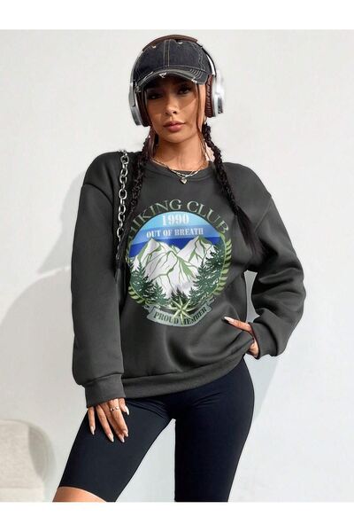 CLAYES Світшот Hiking Club 1990 - Oversize з коміром-стійкою та принтом Füme