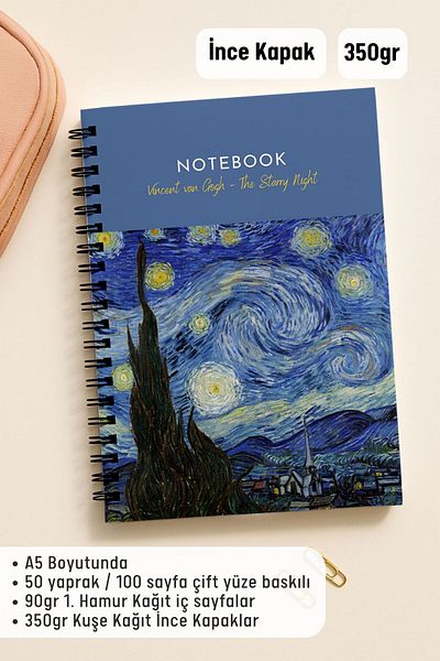 Eldesen Tasarım Van Gogh A5 Spiral Unlined School Notebook, 50 Sheets 100 Pages, Cardboard Cover Notepad, Night