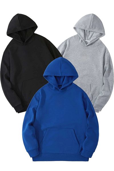 DUBU BUTİK 3-Piece Plain Basic Thick Winter Sweatshirt - Black Gray Sax Blue Oversize Hooded