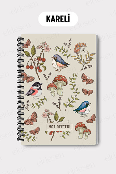 Eldesen Tasarım A5 Spiral Checkered School Notebook, 50 Sheets 100 Pages, Cardboard Cover Notepad, Mushroom