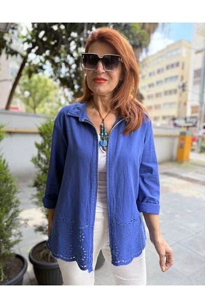 DenizEge Skirt Guipure Zippered Jacket Indigo Navy Blue