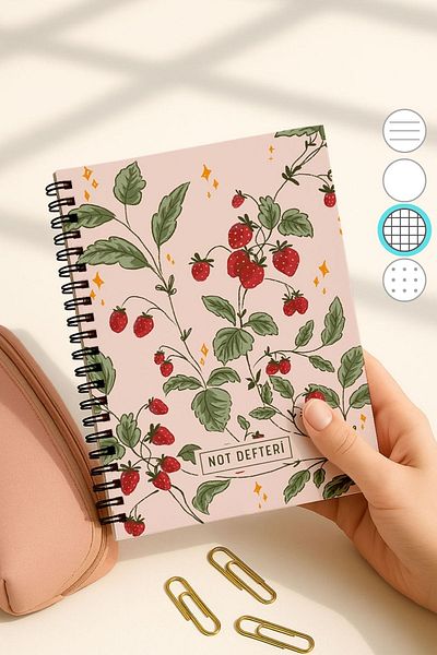 Eldesen Tasarım A5 Spiral Checkered School Notebook, 50 Sheets 100 Pages, Cardboard Cover Notepad, Pink Strawberry