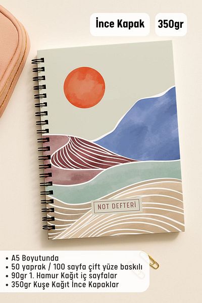 Eldesen Tasarım A5 Spiral Unlined School Notebook, 50 Sheets 100 Pages, Cardboard Cover Notepad, Orange Boholo