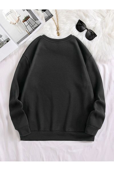 DUBU BUTİK Butterfly Heart Pattern Sweatshirt - Black Printed Oversize Thick Winter Crew Neck