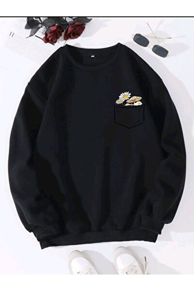 DUBU BUTİK Сумка для телефону з дизайном ромашки - чорна з принтом, оверсайз, товста, зимова, з коміром-стійкою