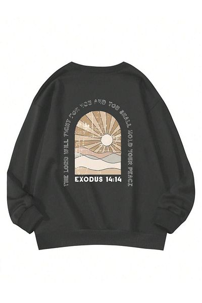 DUBU BUTİK Exodus 14:14 Winter Thick Sweatshirt - Smoke Printed Oversize Thick Winter Crew Neck