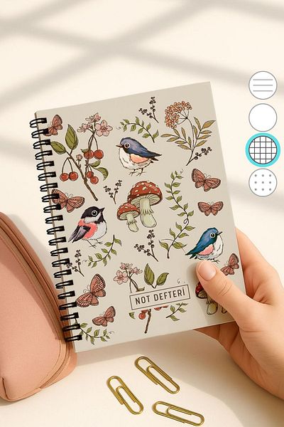 Eldesen Tasarım A5 Spiral Checkered School Notebook, 50 Sheets 100 Pages, Cardboard Cover Notepad, Mushroom