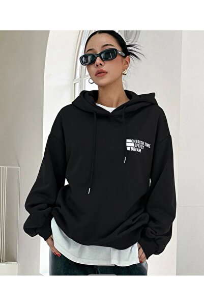 VBSVİBES Черен суитшърт с качулка и оверсайз, CHERISH