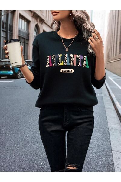 VBSVİBES Unisex Oversize Black Atlanta Printed Crew Neck Sweatshirt