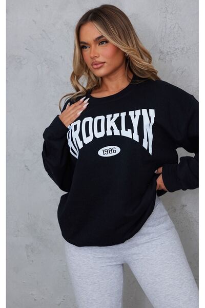 DUBU BUTİK Brooklyn 1986 Sweatshirt - Siyah Baskılı Oversize Bisiklet Yaka