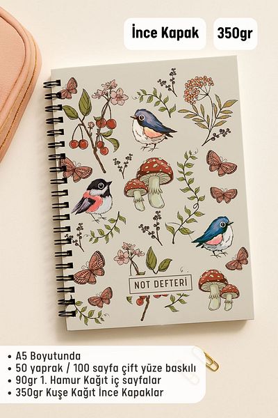 Eldesen Tasarım A5 Spiral Checkered School Notebook, 50 Sheets 100 Pages, Cardboard Cover Notepad, Mushroom