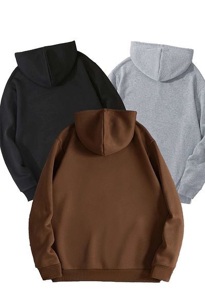 DUBU BUTİK 3-Piece Plain Basic Thick Winter Sweatshirt - Black Gray Brown Oversize Hooded