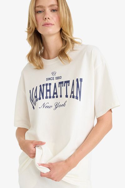 DeFacto Oversize Wide Fit Crew Neck Printed Short Sleeve T-Shirt F7875Ax25Au