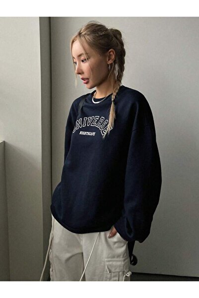 DUBU BUTİK Світшот Lacivert Universe - Oversize, товстий зимовий, комір-стійка