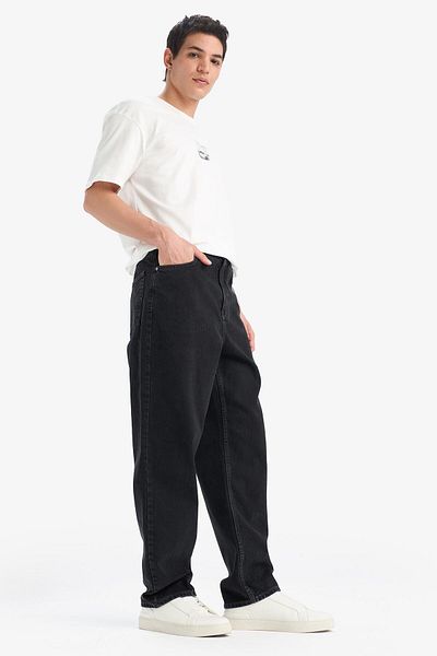 DeFacto 100% Cotton Baggy Fit Wide Fit Regular Waist Wide Leg Black Jean Trousers E9240Ax25Sp
