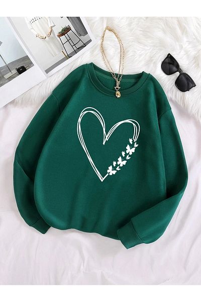 DUBU BUTİK Mikina se vzorem motýlího srdce - Nefti Green Oversize Oversize Silný Zimní Crew Neck