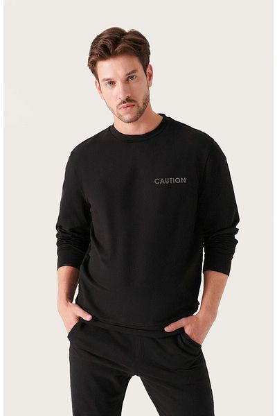 VBSVİBES Men's Black Oversize Caution Printed Crew Neck Sweatshirt